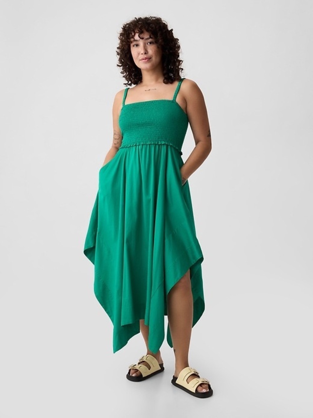 TALL Gap Smocked Handkerchief Hem Midi Dress in Simply Green